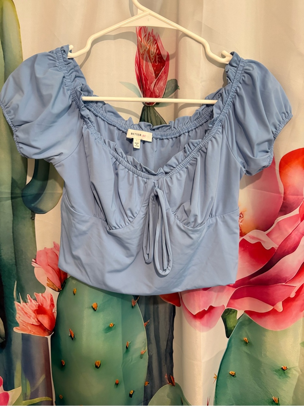 Better Be Sky Blue Puff Sleeve Tie-Front Cropped Top